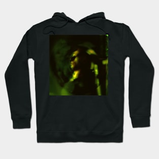 Portrait, digital collage and special processing. Man looking somewhere. He's strong. High contrast, green. Hoodie